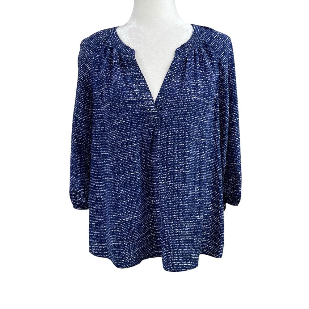 Joie Blue White 100% Silk Abstract Print Split V Neck 3/4 Sleeve Blouse Top S